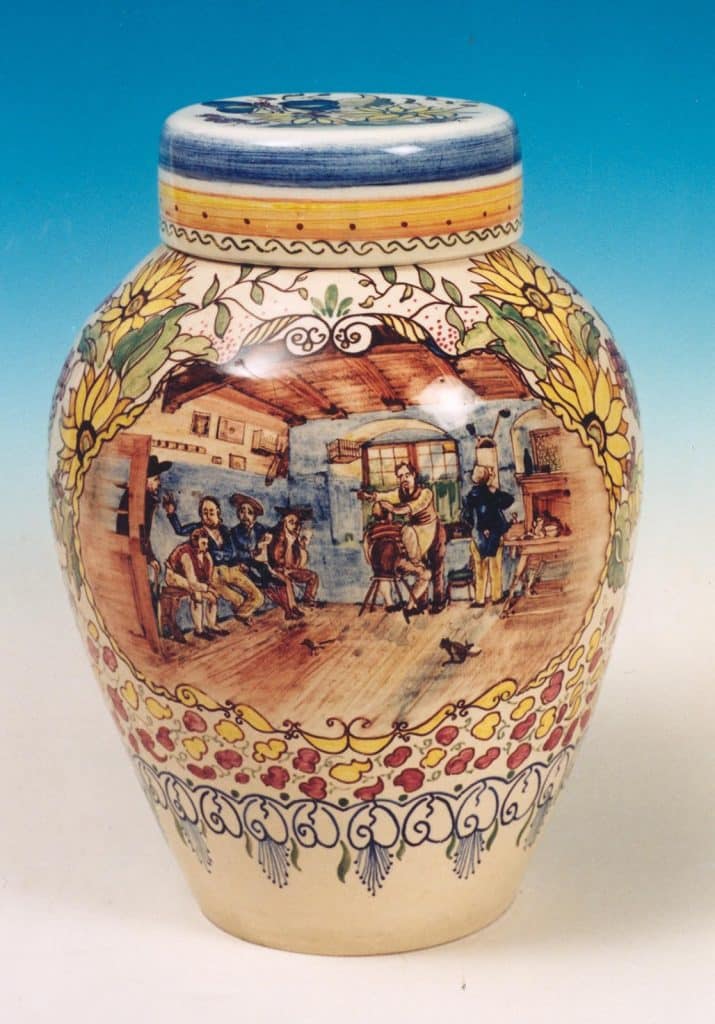 een in 1951 vervaardigde pot met het interieur van een kapperszaak door Jan Kalksma.