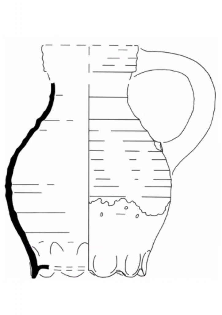 Tekening van 14e eeuws kannetje gevonden in de Schoutenstraat