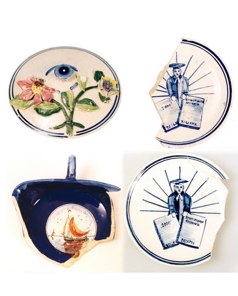 Dekseltje met appliques, twee schoteltjes met spelfouten in de naam Bellamy. En een testje beschildert met een scheepje door Jan Kalksma.