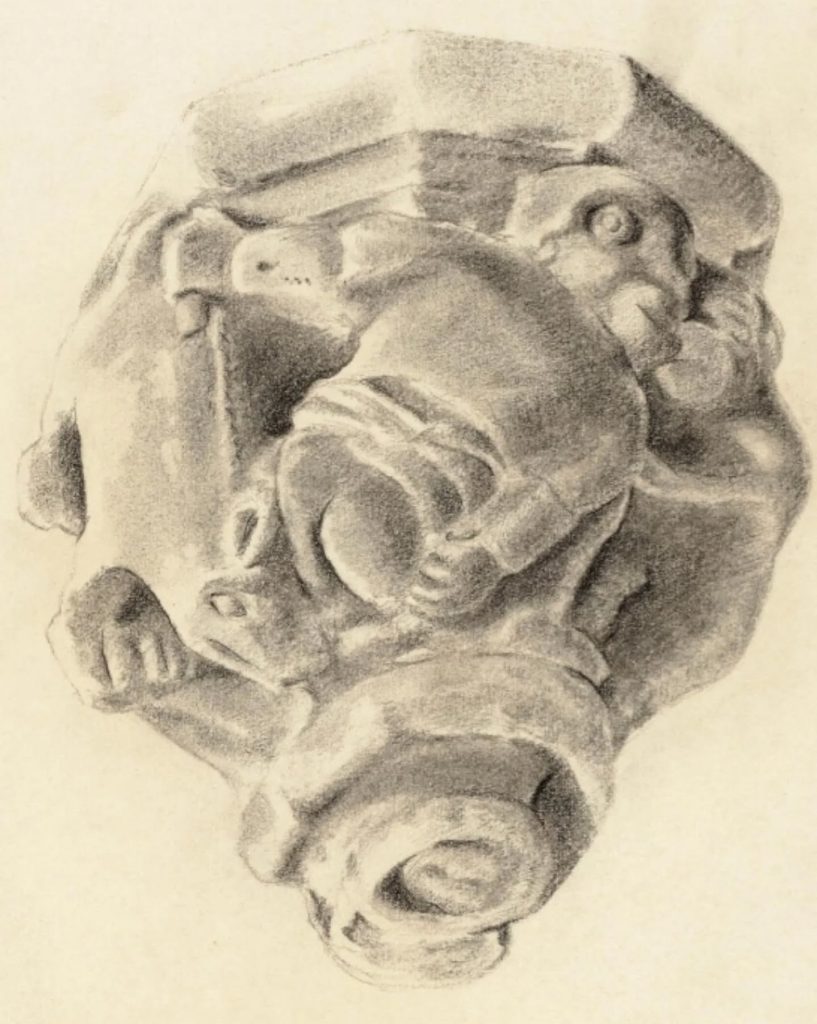 Tekening van de kakkende man op de toren stond van het stadhuis in de Langestraat.