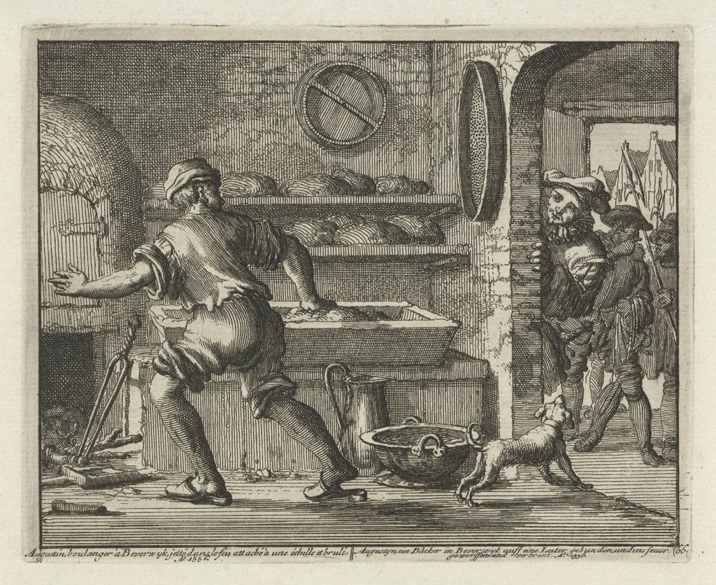 Pprent van Jan Luiken. Augustijn de Bakker te Beverwijk, wordt bij zijn arbeid gevangen genomen (1556). Bron Rijksmuseum