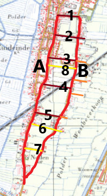 Sint Pancras, een kenmerkend voorbeeld van een geestnederzetting. Je ziet het bijna ovale akkercomplex de Vronergeest tussen de wegen. Met twee randwegen (A= Bredeweg/Herenweg of Bovenweg; B= Achterweg of A.V.H Destreelaan). Rondom de geest langs de wegen wordt gewoond. En je ziet de dwarspaden (1= Vinkenlaan; 2= Boeterslaan; 3= Meeuwenlaan/Achtergeest; 4= Neesnoomenslaan/ Karekiet / 5=Achterwegpad; 6= pad langs Stuwwal; 7= Achterweg; 8= Aalscholverlaan).