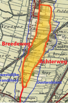 Topografische kaart uit 1925. De Vronergeest is ingetekend met de contouren van de strandwal (tussen de blauwe randsloten) en de geest (geel) tussen de Breedeweg (nu Bovenweg) en Achterweg.