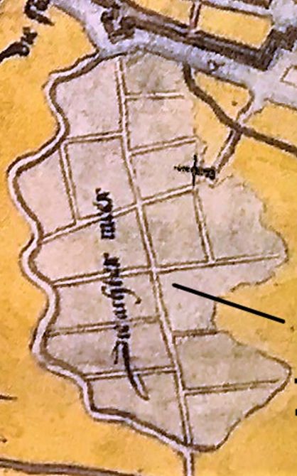 Droogmakerij de Achtermeer in Overdie met aan de bovenzijde de (met zwart aangegeven) molen die het water via de uitwateringsloot langs de kade (tegenwoordig Schaepmankade) in het Zeglis uitslaat. De zwarte lijn is het Overdiepad die de kade vormde aan het einde van het uitwateringsgebied.