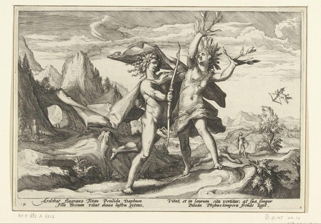 Een prent uit het Atelier van Hendrick Goltzius waarop Apollo Daphne
wil vastgrijpen, terwijl de bladeren uit haar handen groeien.