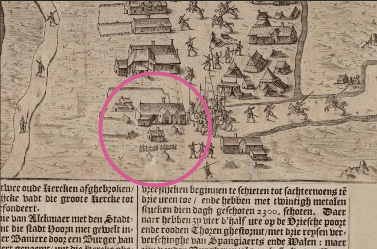 Op deze oude prent van Alkmaar, is boerderij de Vuijck te zien, die waarschijnlijk ooit op deze plek stond.