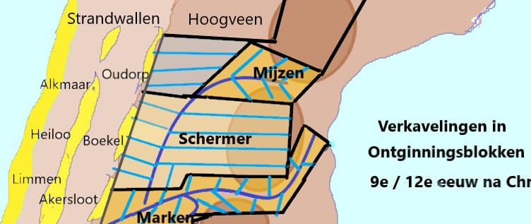 Kaart met mogelijke ontginningsblokken waarin de bewoners vanuit de strandwallen (van Akersloot, Boekel, Oudorp en St.Pancras) het veenmoeras introkken. Het Schermereiland met de zeer fijnmazige verkaveling, is met name een voorbeeld van een oude strokenverkaveling. Mogelijk later herverkaveld tot nog smallere percelen.