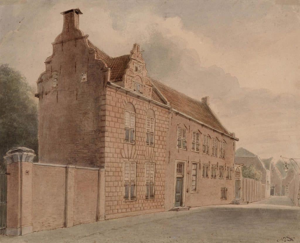 Prent uit 1830 van M.J. Stucki. Met de paal met een hek (links) als toegang tot het Doelenveld.