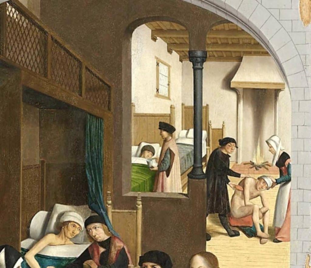 Detail van het zesde paneel. In deze uitsnede zien we het bed met de gordijnen, waar een man zijn zieke vrouw komt bezoeken.