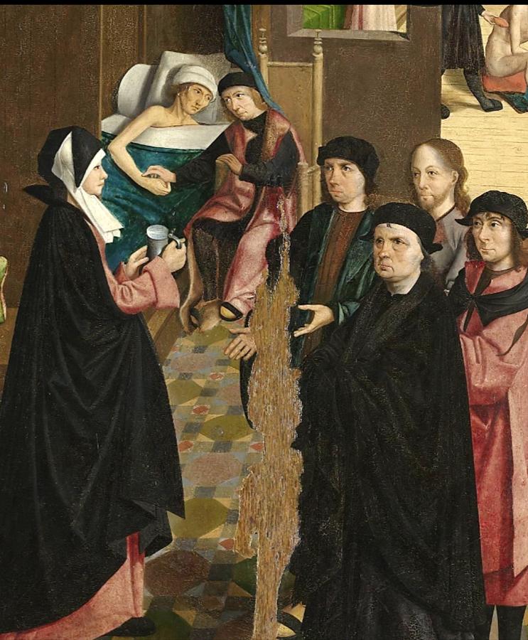 Detail van het zesde paneel van de zeven werken van barmhartigheid. Een groep bezoekers bezoeken het middeleeuwse verzorgingshuis. Onder hen ook Jezus.