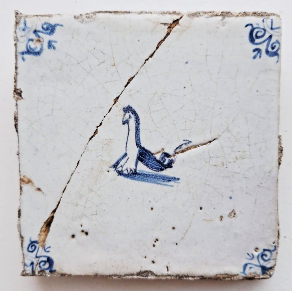 Tegel van een onbekend zeewezen met een langgerekt lichaam en een opvallende staartpartij