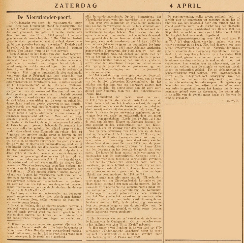 Artikel van C.W. Bruinvis over De Nieuwlanderpoort in de Alkmaarsche Courant van 4 april 1908.