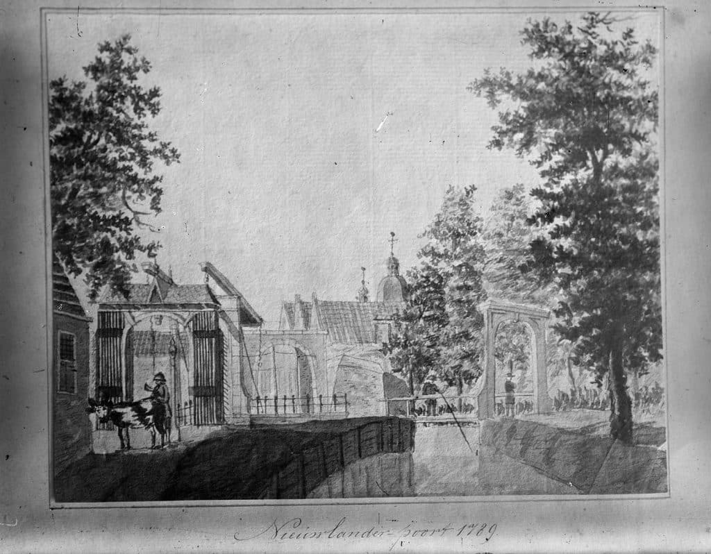 Glasnegatief Nieuwlanderpoort. Reproductie van tekening "Nieuwlanderpoort 1789" door J.A. Crescent.