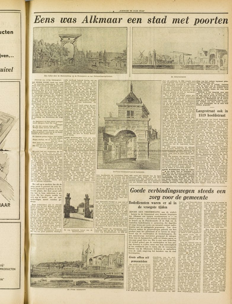 Pagina met artikel over de poorten van Alkmaar uit de Alkmaarsche Courant van 21 juli 1954, pagina 17.