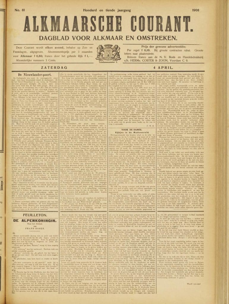 Pagina met artikel van C.W. Bruinvis over De Nieuwlanderpoort in de Alkmaarsche Courant van 4 april 1908.