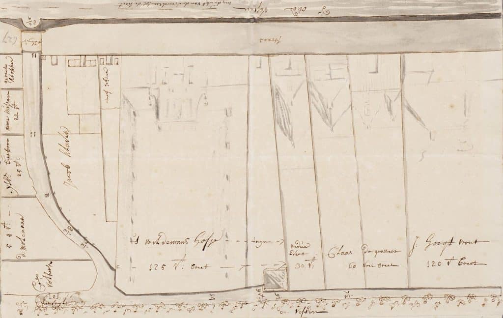 Plattegrond van de terreinen van het in 1714 gestichte Wildemanshofje met de aangrenzende percelen. Circa 1720.