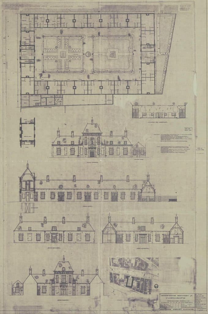 Technische ontwerptekening met verbeteringen van de woningen van het Wildemanshofje in 1959.