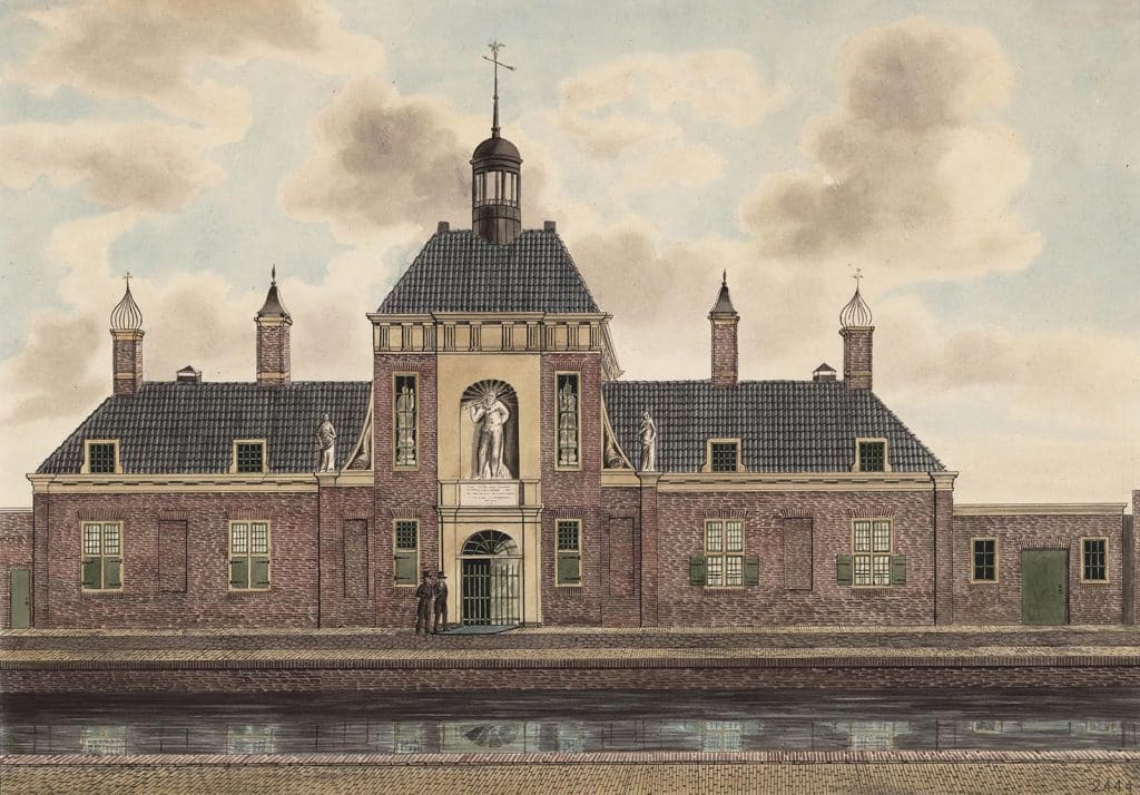 Tekening. Het Wildemanshofje met twee figuren gezien vanaf de overzijde van de Oudegracht. 1847 A.S. Hempenius.