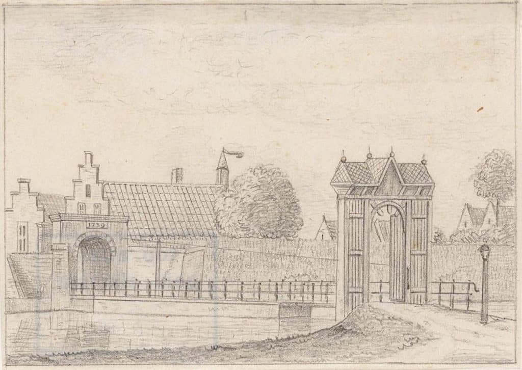 Tekening door C.W. Bruinvis uit circa 1880 naar de situatie van 1766. Uit de Bruinviscatalogus: gebouwd 1573, binnen- en buitenzij vernieuwd 1734 en'38, afgebroken 1808, de brug gemaakt 1575, van steen 1704.