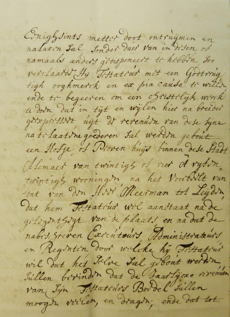 Testament Gerrit Florisz Wildeman met opdracht voor het laten bouwen van een hofje.