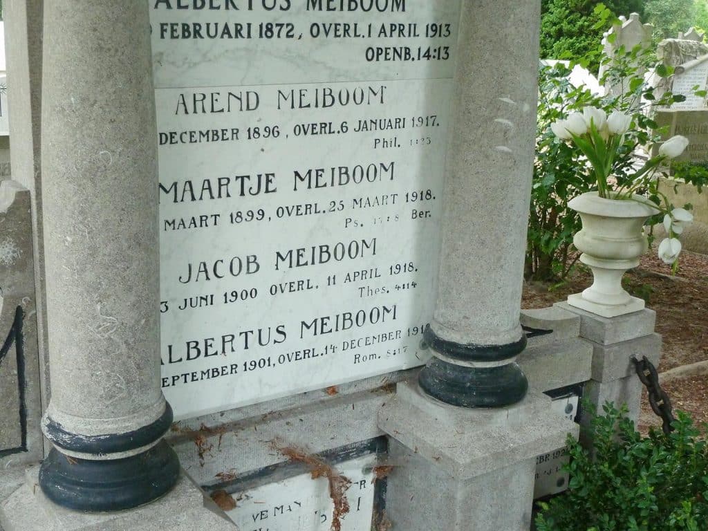 Familiegraf op de Algemene Begraafplaats. Op deze steen staan meerdere broers en zussen die in dezelfde periode en op zeer jonge leeftijd stierven. Zij werden allemaal getroffen door de Spaanse griep die in die jaren in Alkmaar heerste.