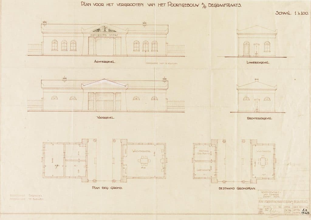 Ontwerptekening voor de vergroting van het poortgebouw van de Algemene Begraafplaats in de Westerhout 1936 door Openbare Werken Gemeente Alkmaar
