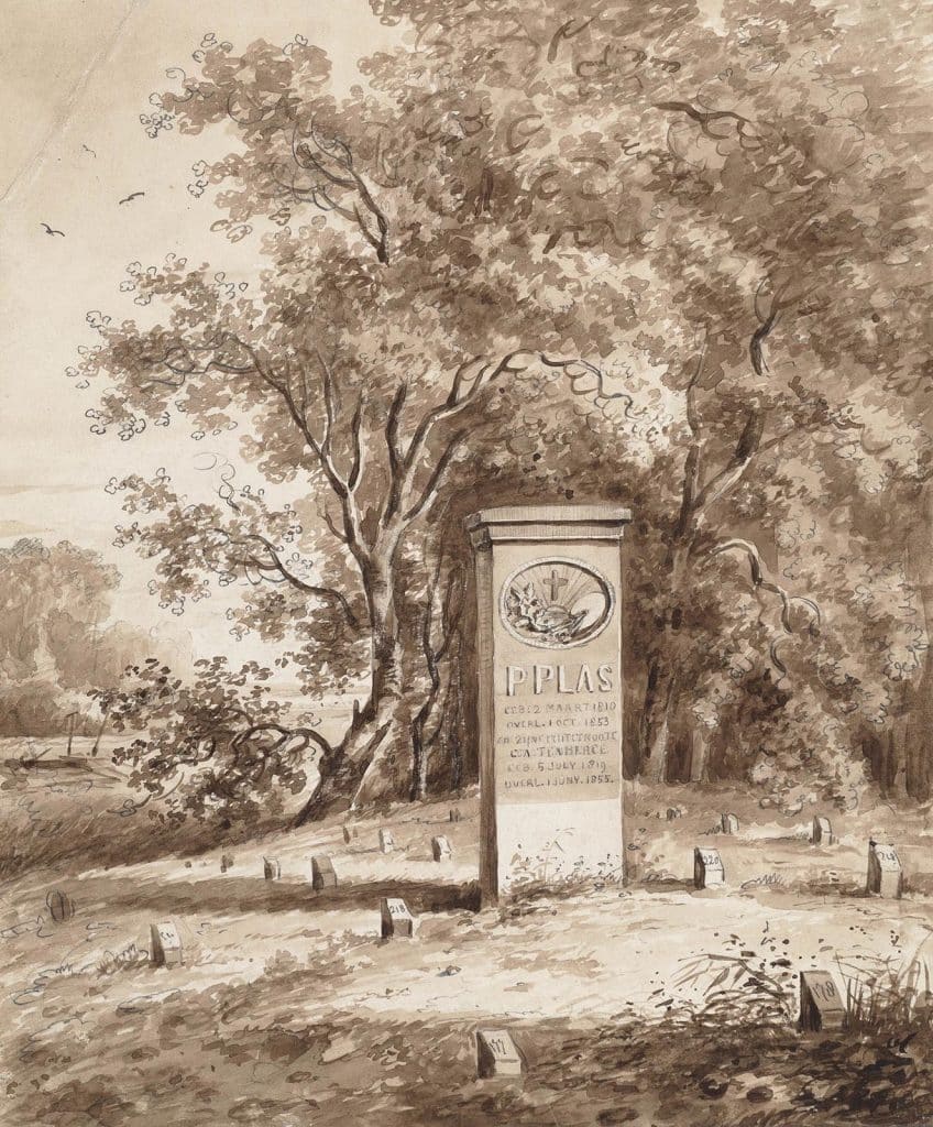 Tekening door GB ten Berge van het grafmonument voor Pieter Plas en zijn echtgenote C.A. ten Berge op de Algemene Begraafplaats 1856. (RK. gedeelte, 6e rij nr. 219). Op het monument de tekts: P. Plas, geb. 2 maart 1810, overl. 1 oct. 1853 en zijne echtgenoote C.A. ten Berge, geb. 5 july 1819, overl. 1 juny 1855. Het monument wordt omringd door kleine, genummerde steentjes. Op de achtergrond hoog opgaand struweel. Op de achterzijde staat de afkorting K.Z.O.D. en het jaartal 1856. Verder nog een stempel van het tekengezelschap 'Kunst Zij Ons Doel' en het nummer 64. P. Plas was leermeester en zwager van Ten Berge. Hij was jarenlang directeur van Kunst Zij Ons Doel.