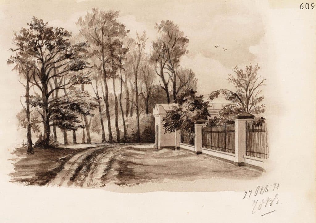 Tekening door J de Bleyker van de Algemene Begraafplaats 1878 Uit het schetsboek van de Bleyker