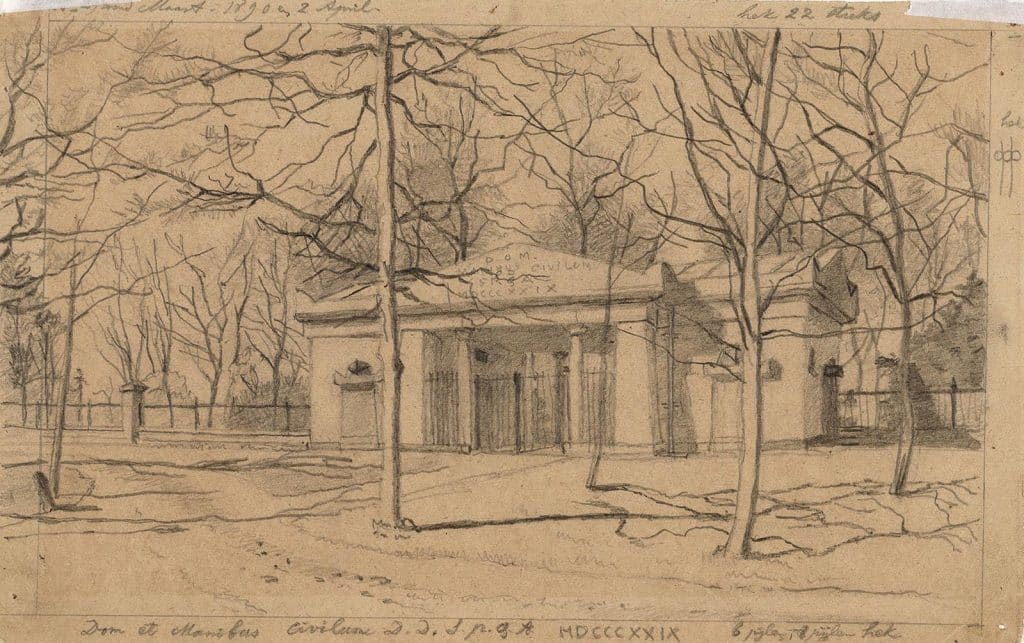 Tekening door R.E.J. Roeterink uit 1890 van de Algemene Begraafplaats. In 1860 werd de muur vervangen door het hek.
