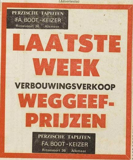 Krantenadvertentie van Fa. Boot-Keizer, ‘supermarkt in Perzische tapijten’.