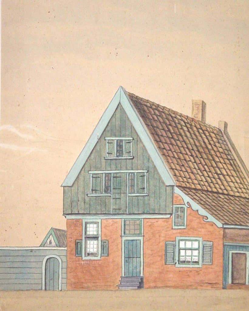 Aquarel van het Oude Doopsgezinde weeshuis in De Rijp. Dit weeshuis staat vlakbij Museum in 't Houten Huis.