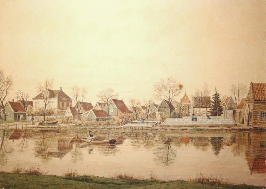 Aquarel van de achterzijde van de huizen aan de Tuingracht gezien naar het noorden. Op de voorgrond het Baanmanslandje (nu Meelzak) en de haven. Links het Doopsgezinde Weeshuis. In het midden het Gemeenlijk Armen- en Weeshuis. Rechts de tuinderij van de familie Admiraal met daarachter hun woonhuis aan de Tuingracht. Op de voorgrond een man in een schuitje. De aquarel is niet gesigneerd. Hoewel hij afkomstig is uit het bezit van de familie Admiraal wordt hij toegeschreven aan Willem Spaarman.