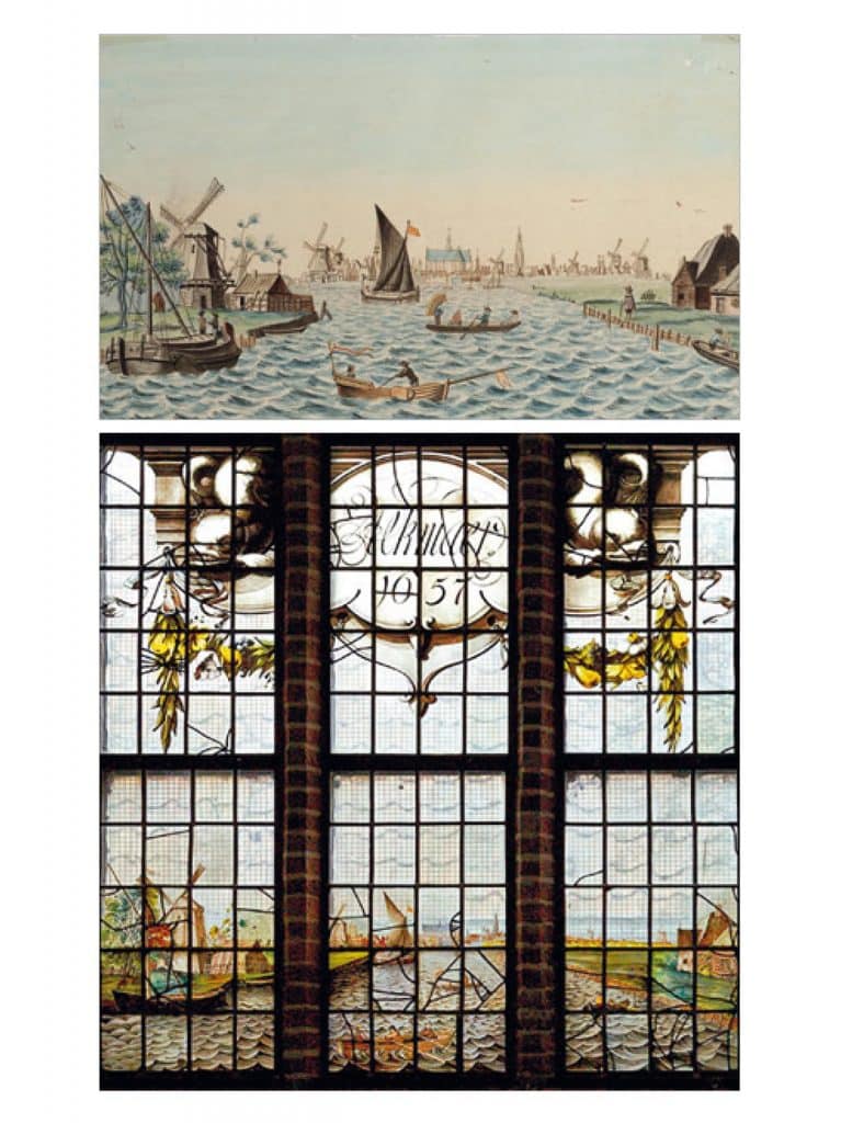 Detail gebrandschilderde raam geschonken door Alkmaar. Van dit raam is in 1884 een aquarel gemaakt door W.P. Spaarman. Die werd later gebruikt bij een restauratie rond 1904.