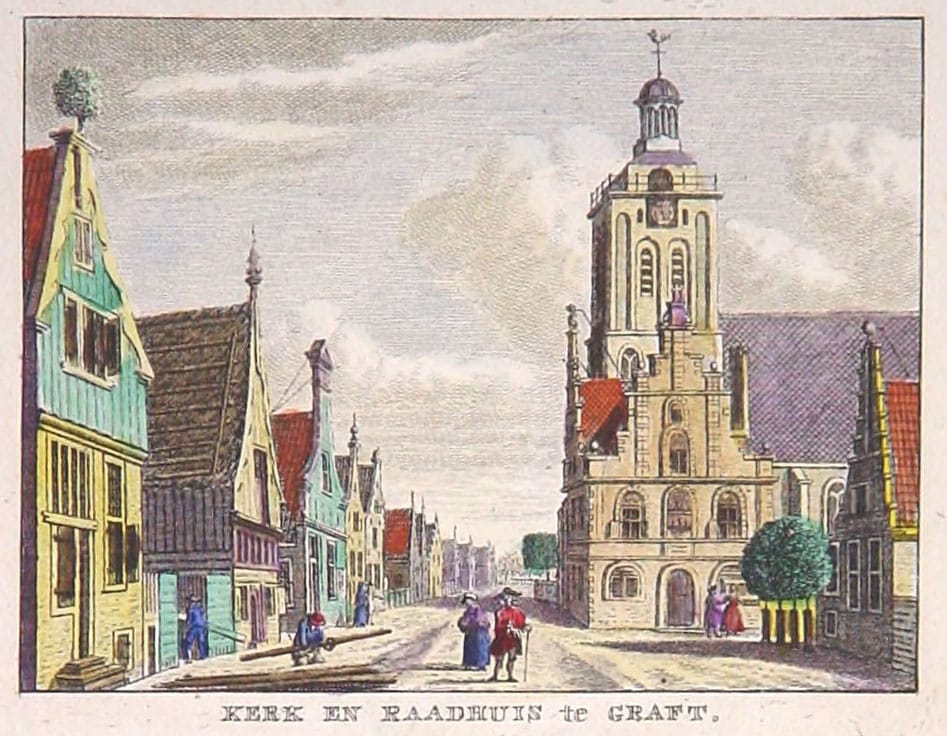 Ingekleurde gravure van Graft met Kerk en Raadhuis. (Jaar onbekend).