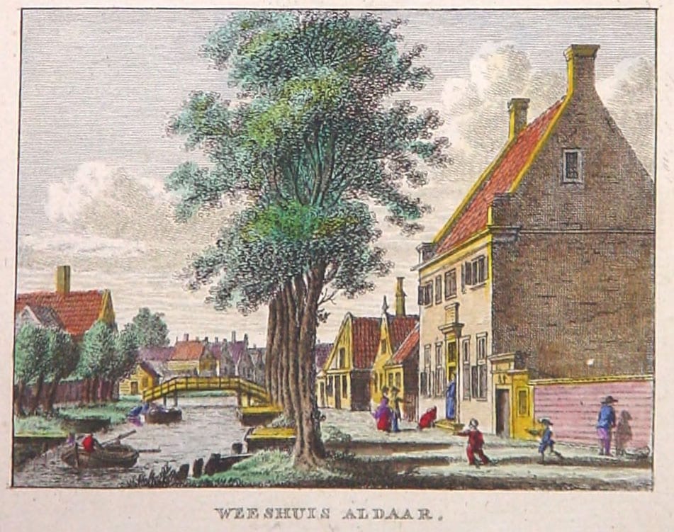 Ingekleurde gravure van Graft met het weeshuis. (Jaar onbekend).