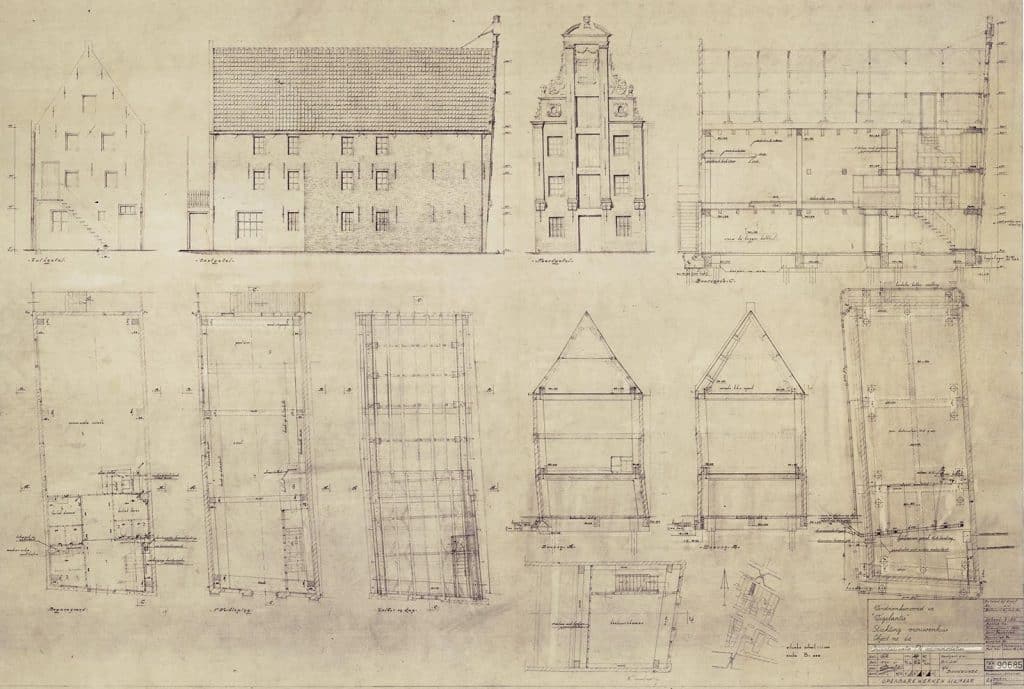 Ontwerptekening Verdronkenoord 45, pakhuis "De Vigilantie". Inventarisatie FN Accommodaties Stichting vrouwenhuis. Aanzicht gevels, doorsneden, plattegronden, kapplan, fundering en situatie. 1961