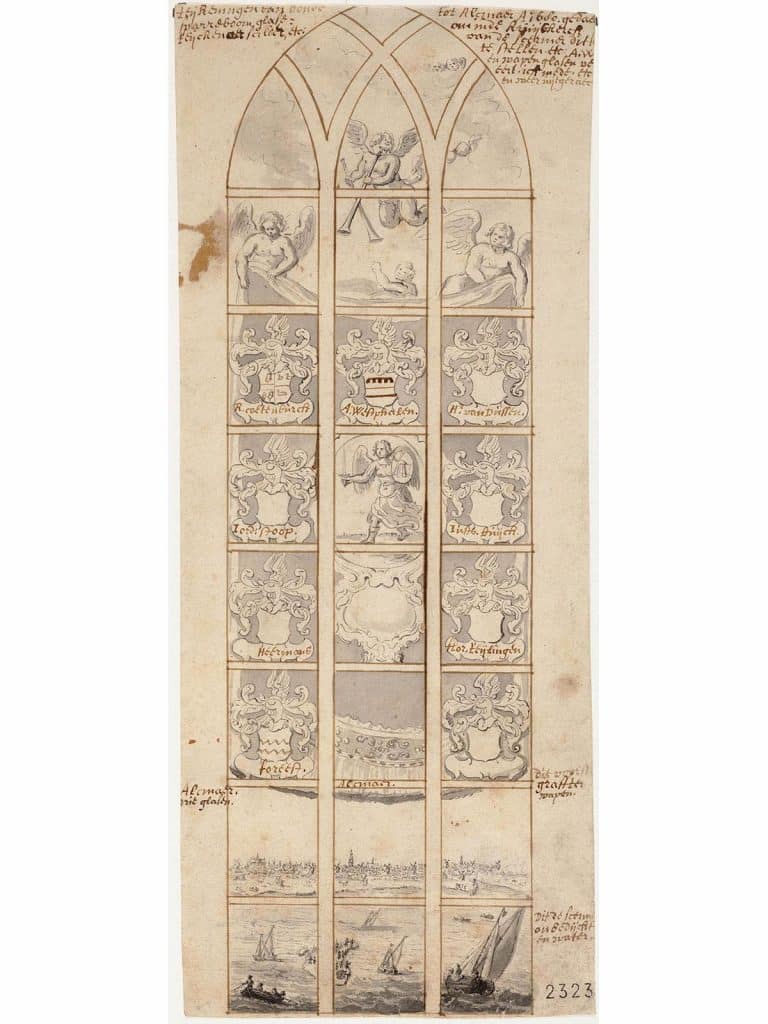 Ontwerptekening voor een kerkraam door C.J. Sparreboom in de Collectie Regionaal Archief Alkmaar. In het midden het wapen van de Schermer, gehouden door St. Michaël. Eromheen de wapens van de dijkgraaf en de zeven heemraden teweten: R. Coetenburch, A. Westphalen, H. van Dussen, Iord. Stoop, Iusts. Buijck, Heermans, Flor. Teijlingen en Foreest. Aan de bovenzijde enkele engelen. Aan de onderzijde de stad Alkmaar gezien vanover de onbedijkte Schermeer.