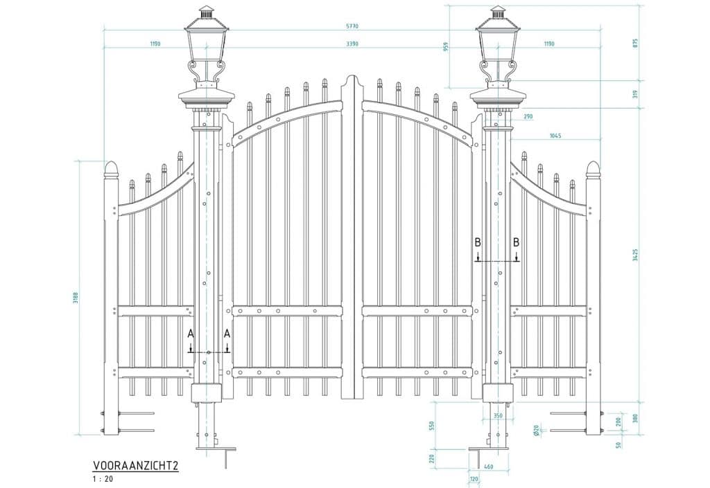s Technische tekening van het vooraanzicht van het Nieuwlanderhek in Alkmaar
