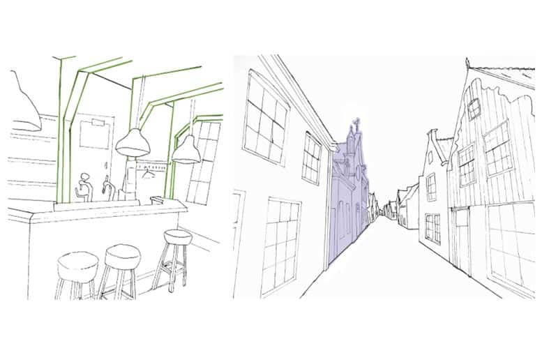 Schetsen uit het ontwerp van Lara, student Bouwkunde. Zij analyseert De Groene Zwaan in De Rijp.