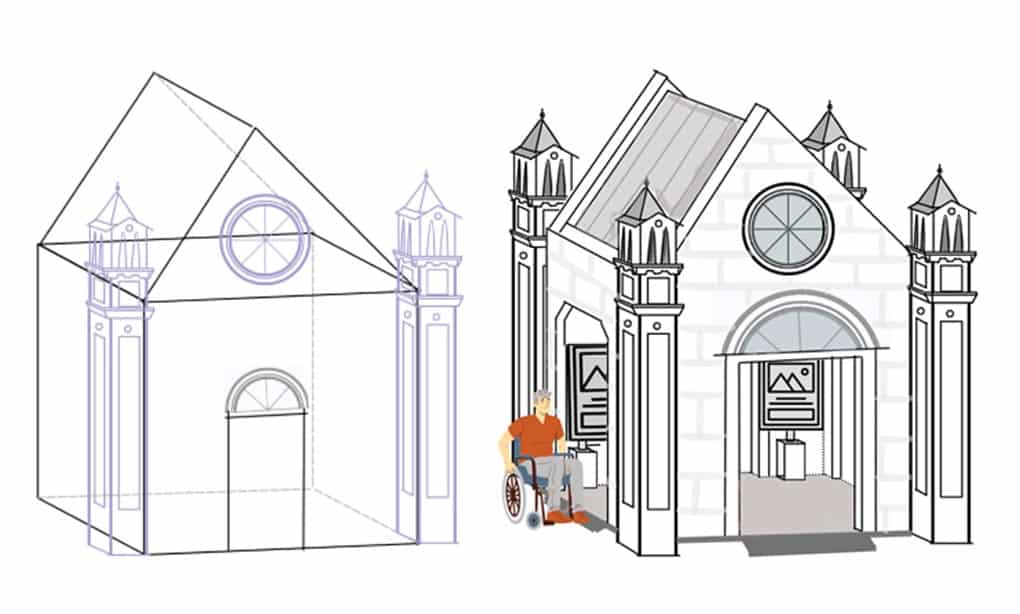 Schetsen uit het ontwerp van Lara, student Bouwkunde. Zij analyseert De Groene Zwaan in De Rijp.