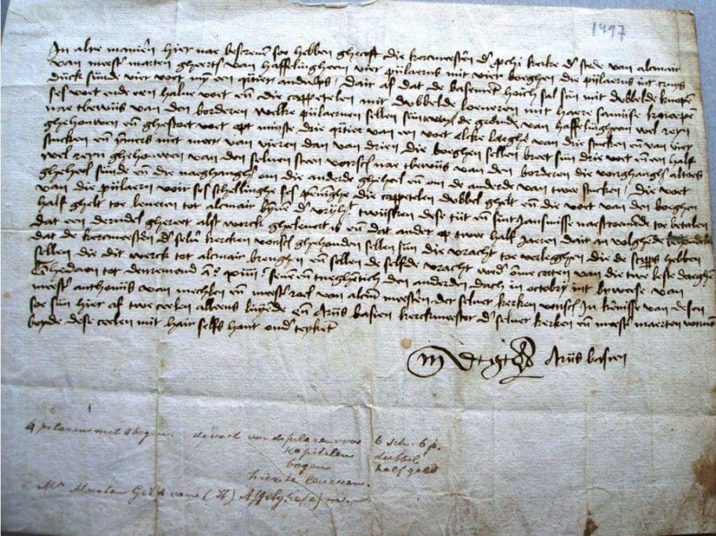 Leveringscontract uit 1497 met Maerten van Afflichem. Voor vier zuilen van de Grote Kerk Alkmaar.
