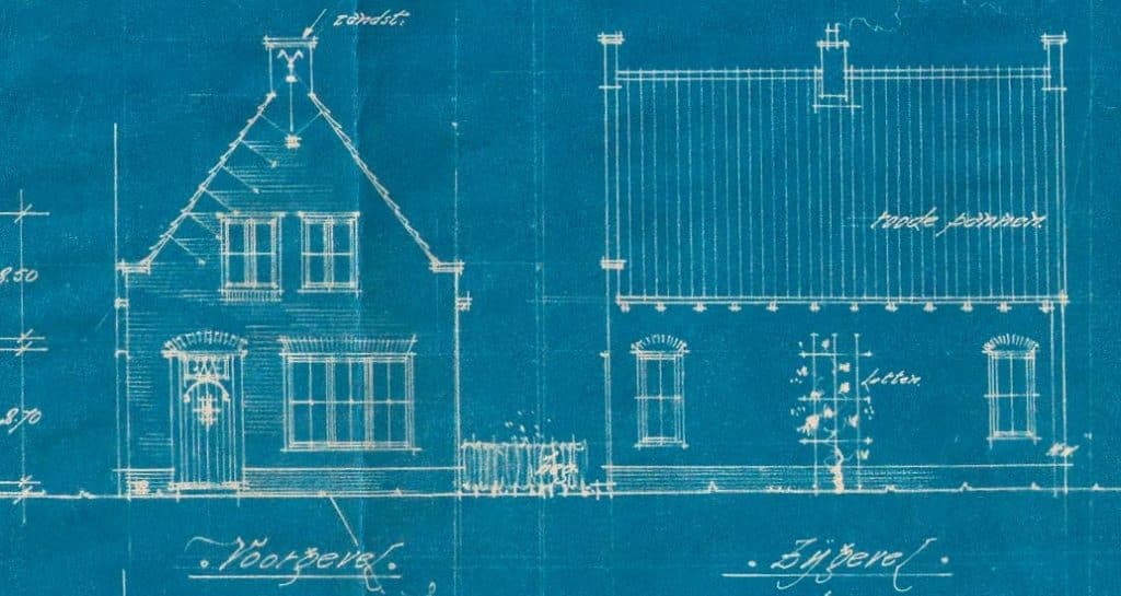Uitsnede bouwaanvraagtekening 1945-1947 van Jan Boonplein 20 in De Rijp.