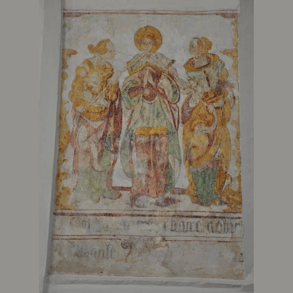 Muurschildering in de kerk van Terwolde, van de wurging van Cunera. (Door Peltje1075 - Eigen werk, CC BY-SA 3.0