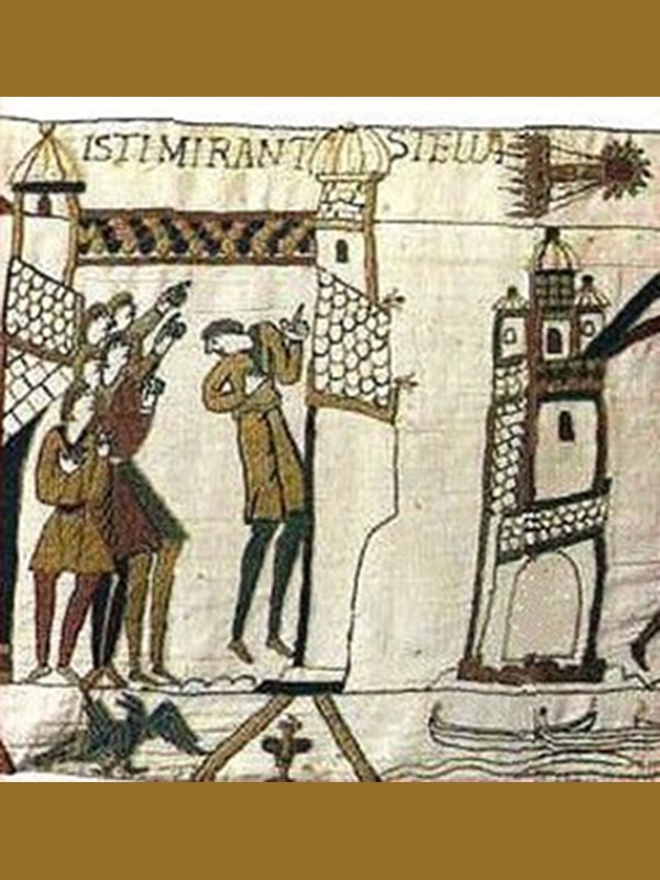 Uitsnede uit het Tapijt van Bayeux uit het jaar 1068, met wellicht de oudste afbeelding van de komeet van Halley (rechtsboven in de uitsnede). Publiek domein.