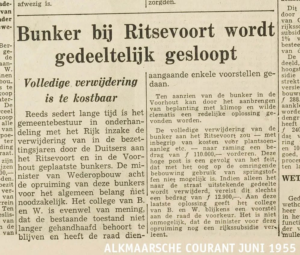 Artikel uit de Alkmaarsche Courant van 1955. Bunker 617 Ritsevoort / Bolwerk wordt gedeeltelijk gesloopt.