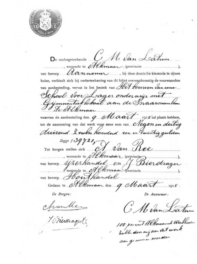 Contract van de bouw van gemeenteschool Bello in 1915.