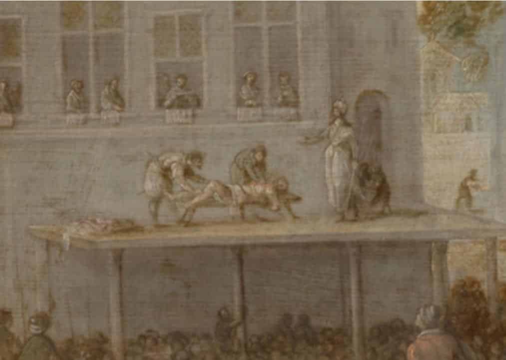 Detail van het schilderij over De Perzische vorst Cambyses.