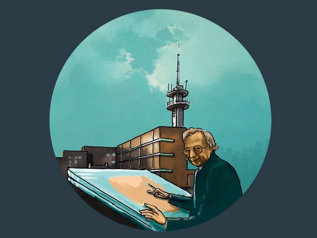 Illustratie van architect Piet Tauber aan zijn tekentafel. Op de achtergrond de Telefooncentrale.