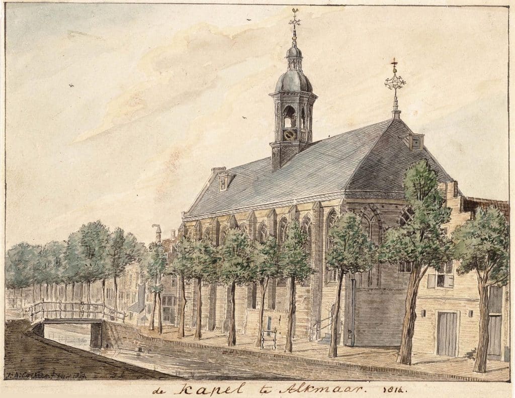 Tekening uit 1814 door J.A. Crescent. De Kapel te Alkmaar.