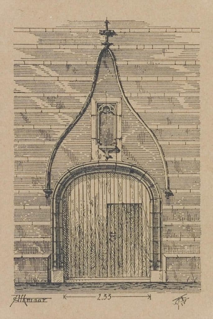 Tekening uit 1894 door G. van Arkel. Knipsel uit Noordhollandsche Oudheden II. De ingang van de Kapelkerk.